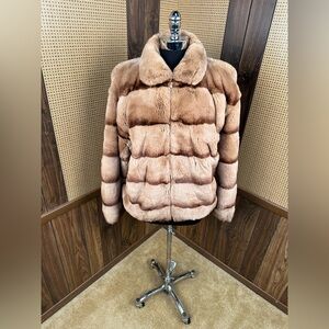 BEAUTIFUL DYED BROWN OMBRÉ DEGRADE REX RABBIT CHINCHILLA FUR COAT JACKET MEDIUM